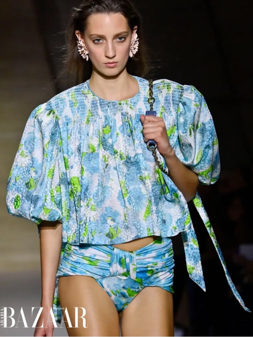 Chloe Blue Green Floral Long-Sleeve Crop Top